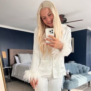Nadine Merabi White Feather Pajamas Set Small